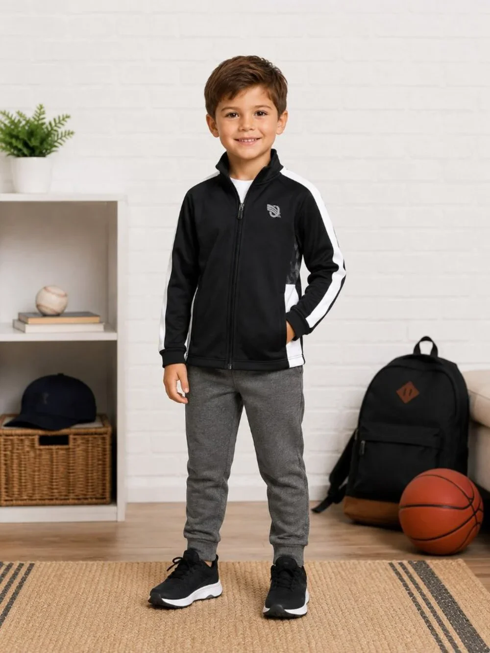 OshKosh Black White Mock Neck Full Zip Long Sleeve Knit Jacket Boys Size 6